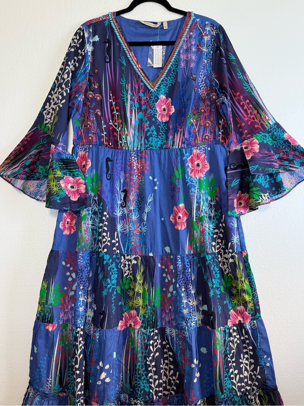 Soft Surroundings Martha Maxi Dress Blue Floral Reef Tiered Bell Sleeves Large - Picture 5 of 14